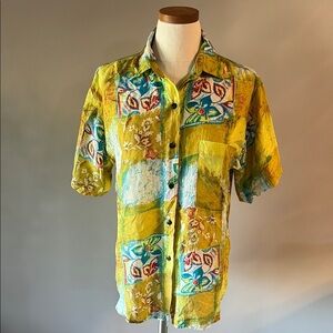 Vintage women’s SILK oversized bright Yellow Floral paisley Short Sleeve Shirt M